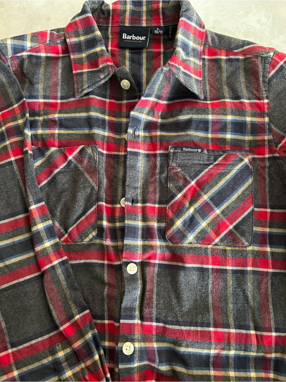 Barbour Kids Plaid Button-Down Shirt in Red, Gray, Blue
